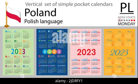 Polnischer vertikaler Taschenkalender für 2023 (zweitausend dreiundzwanzig). Die Woche beginnt am Montag. Neues Jahr. Farbe einfaches Design. Vektor Stock Vektor