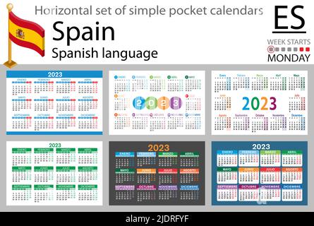 Spanischer horizontaler Taschenkalender für 2023 (zweitausend dreiundzwanzig). Die Woche beginnt am Montag. Neues Jahr. Farbe einfaches Design. Vektor Stock Vektor