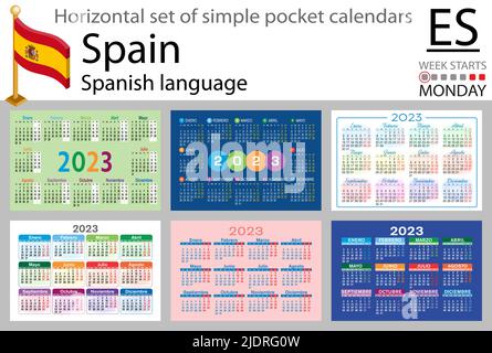 Spanischer horizontaler Taschenkalender für 2023 (zweitausend dreiundzwanzig). Die Woche beginnt am Montag. Neues Jahr. Farbe einfaches Design. Vektor Stock Vektor