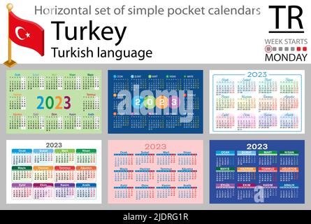 Türkischer horizontaler Taschenkalender für 2023 (zweitausend dreiundzwanzig). Die Woche beginnt am Montag. Neues Jahr. Farbe einfaches Design. Vektor Stock Vektor