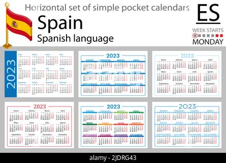 Spanischer horizontaler Taschenkalender für 2023 (zweitausend dreiundzwanzig). Die Woche beginnt am Montag. Neues Jahr. Farbe einfaches Design. Vektor Stock Vektor