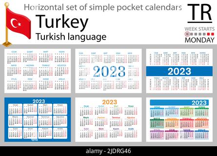 Türkischer horizontaler Taschenkalender für 2023 (zweitausend dreiundzwanzig). Die Woche beginnt am Montag. Neues Jahr. Farbe einfaches Design. Vektor Stock Vektor