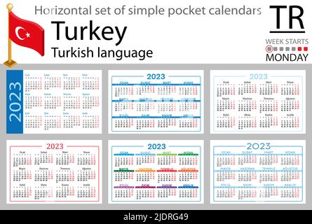 Türkischer horizontaler Taschenkalender für 2023 (zweitausend dreiundzwanzig). Die Woche beginnt am Montag. Neues Jahr. Farbe einfaches Design. Vektor Stock Vektor