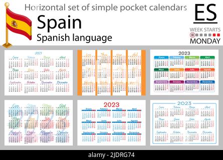 Spanischer horizontaler Taschenkalender für 2023 (zweitausend dreiundzwanzig). Die Woche beginnt am Montag. Neues Jahr. Farbe einfaches Design. Vektor Stock Vektor