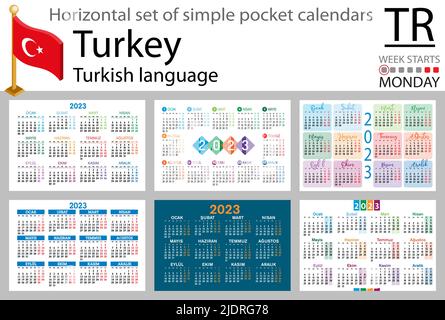 Türkischer horizontaler Taschenkalender für 2023 (zweitausend dreiundzwanzig). Die Woche beginnt am Montag. Neues Jahr. Farbe einfaches Design. Vektor Stock Vektor