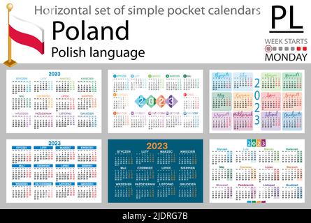 Polnischer horizontaler Taschenkalender für 2023 (zweitausend dreiundzwanzig). Die Woche beginnt am Montag. Neues Jahr. Farbe einfaches Design. Vektor Stock Vektor