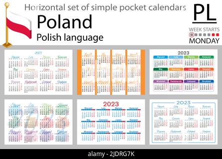 Polnischer horizontaler Taschenkalender für 2023 (zweitausend dreiundzwanzig). Die Woche beginnt am Montag. Neues Jahr. Farbe einfaches Design. Vektor Stock Vektor