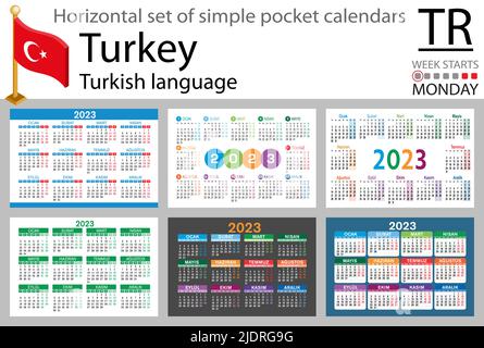 Türkischer horizontaler Taschenkalender für 2023 (zweitausend dreiundzwanzig). Die Woche beginnt am Montag. Neues Jahr. Farbe einfaches Design. Vektor Stock Vektor