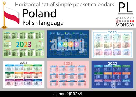 Polnischer horizontaler Taschenkalender für 2023 (zweitausend dreiundzwanzig). Die Woche beginnt am Montag. Neues Jahr. Farbe einfaches Design. Vektor Stock Vektor