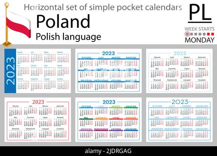 Polnischer horizontaler Taschenkalender für 2023 (zweitausend dreiundzwanzig). Die Woche beginnt am Montag. Neues Jahr. Farbe einfaches Design. Vektor Stock Vektor