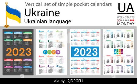 Ukrainischer vertikaler Taschenkalender für 2023 (zweitausend dreiundzwanzig). Die Woche beginnt am Montag. Neues Jahr. Farbe einfaches Design. Vektor Stock Vektor