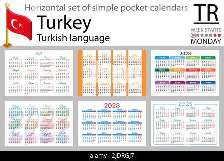 Türkischer horizontaler Taschenkalender für 2023 (zweitausend dreiundzwanzig). Die Woche beginnt am Montag. Neues Jahr. Farbe einfaches Design. Vektor Stock Vektor
