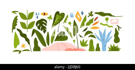 Handgezeichnete Vektor abstrakte Grafik Cliparts Illustrationen Sammlung Set von Komposition mit abstrakten boho Natur Formen von Blüten und Stock Vektor