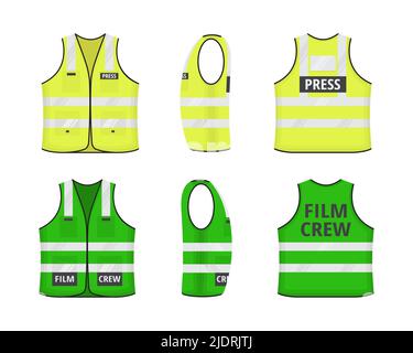 Reflektierende Warnweste mit Etiketten, flachem Design, Vektor-Illustration. Gelb und grün fluoreszierende Sicherheits-Arbeitsjacke mit Reflec Stock Vektor