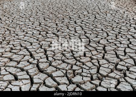Konzept der globalen Erwärmung . Trockene Risse im Land, schwere Wasserknappheit. Trockenheitskonzept. Stockfoto