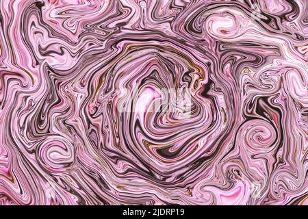 Abstrakter Tintenhintergrund mit gemischten Farben in rosa, weiß, schwarz und rot. Konzeptuelle psychedelische Flüssigkeit mit Acrylmalerei in chaotischer Stimmung. Marble liqui Stockfoto