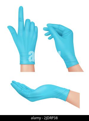 Medizinische Handschuhe. Blaue Gummihandschuhe für Arzt Hände Krankenhaus Latex Chirurgen Werkzeuge für Infektionen und Viren Schutz anständige Vektor realistisch Stock Vektor