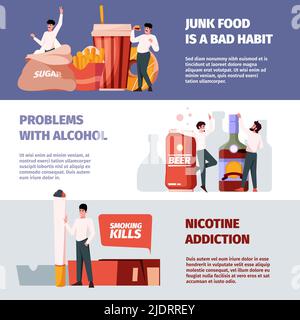 Vernichtungsgewohnheiten. Erwachsene Personen mit schlechten Abhängigkeiten überessen Alkoholismus Drogen Glücksspiel grellen Vektor horizontale Banner Stock Vektor