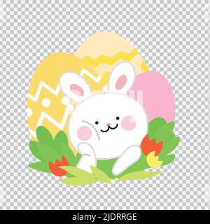 Ostern Feier flache Vektor-Symbol-Illustration mit einem transparenten Hintergrund. Niedlicher osterhase mit bemalten Eiern und Frühlingsblumen. Stock Vektor