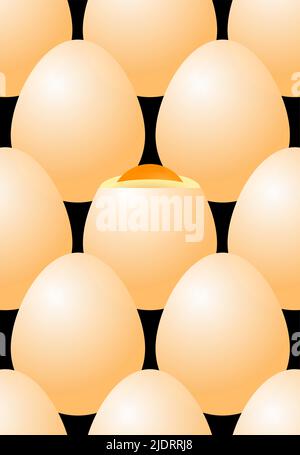 Hühnereier weiß. Ein Ei wird darauf geschält. Nahtloses Muster auf schwarzem Hintergrund Stock Vektor