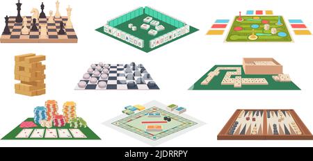 Brettspiele. Familie spielerische Besetzung Domino Karten Mahjong Schach genaue Vektor-Illustrationen im Cartoon-Stil Stock Vektor