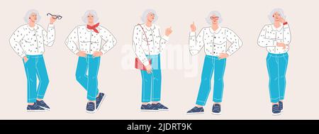Ältere Frau in verschiedenen Posen und mit unterschiedlichen Gesichtsausdruck, flache Cartoon-Vektor-Illustration auf Hintergrund isoliert. Moderne ältere Person von r Stock Vektor