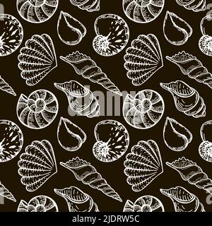 Nahtlose, handgezeichnete Meeresbewohner im Sketch-Stil. Silhouetten von Muscheln. Schwarzer Hintergrund. Isoliert. Sommer. Meer. Flaches Design. Vektorgrafik Stock Vektor