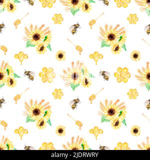 Sonnenblumen-, Honig- und Bienen-Nahtloses Muster, Aquarell-Wiesenblumen- und Insektenrepeat-Papier, Rustikales Bukett-Scrapbook-Papier, Textildruck, Yello Stockfoto