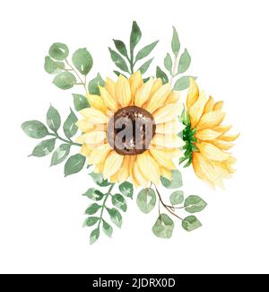 Sonnenblumen Blumenstrauß Clipart, Aquarell Wiesenblumen Druck, Rustikale Wildblumen Blumenstrauß Illustration, Hochzeit lädt, Babydusche, Logo Stockfoto