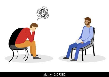 Individuelle Psychotherapie Vektor-Konzept für Web-Banner, Website-Seite. Trauriger Mann, der auf dem Stuhl sitzt und mit einem männlichen Psychologen spricht. Gesundheitskonzept. Stock Vektor