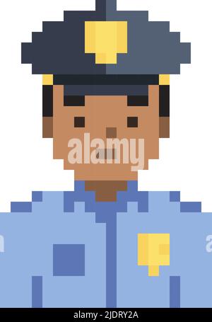 Polizist Pixel Spiel Stil Illustration. COP Vektor Pixel Art Design. Symbol für 8-Bit-Sheriff-Zeichen. Offizier auf weißem Hintergrund isoliert Stock Vektor