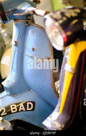 Details der alten Lambretta Roller, mit den 2-Takt-Motoren, die aus ökologischen Gründen eingestellt wurden Stockfoto