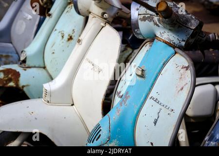 Details der alten Lambretta Roller, mit den 2-Takt-Motoren, die aus ökologischen Gründen eingestellt wurden Stockfoto