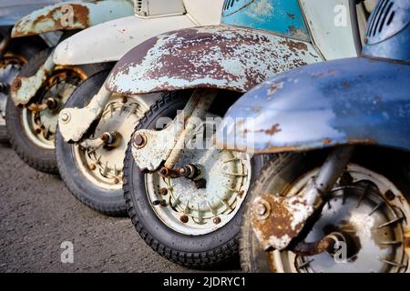 Details der alten Lambretta Roller, mit den 2-Takt-Motoren, die aus ökologischen Gründen eingestellt wurden Stockfoto