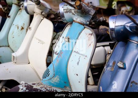 Details der alten Lambretta Roller, mit den 2-Takt-Motoren, die aus ökologischen Gründen eingestellt wurden Stockfoto