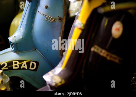 Details der alten Lambretta Roller, mit den 2-Takt-Motoren, die aus ökologischen Gründen eingestellt wurden Stockfoto