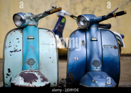 Details der alten Lambretta Roller, mit den 2-Takt-Motoren, die aus ökologischen Gründen eingestellt wurden Stockfoto