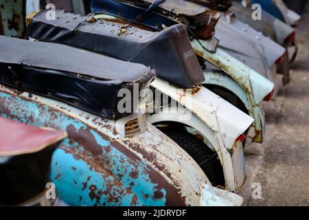 Details der alten Lambretta Roller, mit den 2-Takt-Motoren, die aus ökologischen Gründen eingestellt wurden Stockfoto