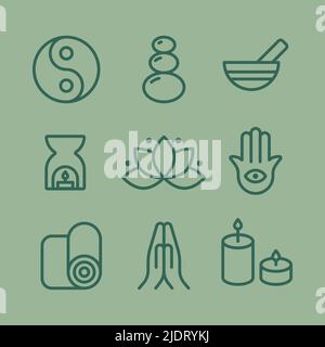 Meditationssymbol eingestellt. Grüne Umrisssymbole. Konzept von Zen, Ruhe, Yoga und Spiritualität. Vektorgrafik, flaches Design Stock Vektor