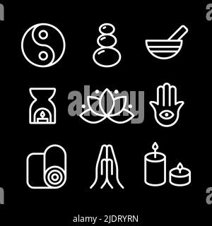 Meditationssymbol eingestellt. Weiße Umrisssymbole. Konzept von Zen, Ruhe, Yoga und Spiritualität. Vektorgrafik, flaches Design Stock Vektor