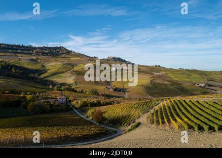 Herbstlicht in den Weinbergen von Barolo, Cuneo inmitten der sanften Hügel und Dörfer auf den Hügeln erste Spur von Herbst in Weinland. Stockfoto