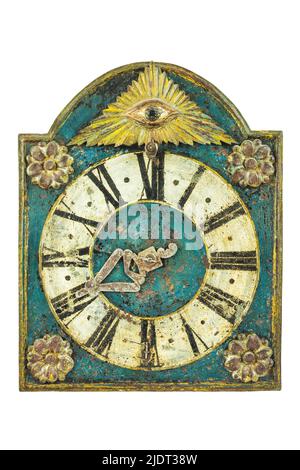 Echte mittelalterliche Uhr mit Auge isoliert auf weißem Hintergrund Stockfoto