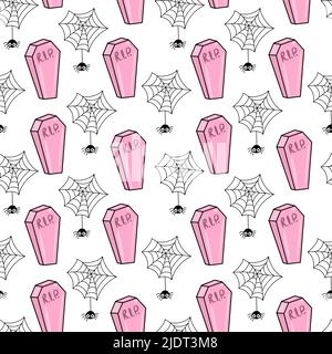 Vektor Nahtloses Muster für Halloween. Niedlicher Hintergrund mit rosa Särgen und Spinnen. Stock Vektor