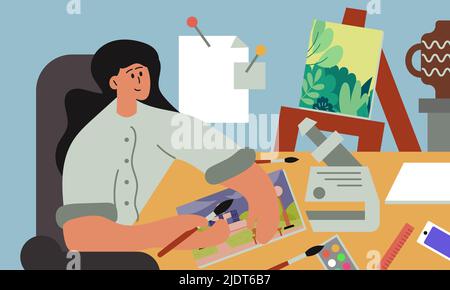 Künstler Restaurator Kunst und Handwerk Kultur Reparatur. Frau Renovator Gebäude Bild mit Pinsel Vektor Illustration. Charakter Zeichnung Museum Geschichte und Stock Vektor