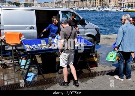 Marseille, Frankreich. 09.. Juni 2022. Fischer verkaufen ihre Fische an einem Kai im Alten Hafen von Marseille. (Foto von Gerard Bottino/SOPA Images/Sipa USA) Quelle: SIPA USA/Alamy Live News Stockfoto