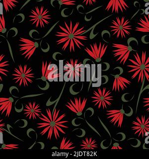 Nahtloses Vektor-Muster mit roten Blumen auf schwarzem Hintergrund. Florales Tapetendesign mit Gänseblümchen. Stock Vektor