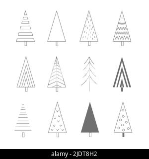 Weihnachtsbaum lineare Symbole gesetzt, Vektor Umriss Zeichnung. Xmas neues Vorabend-Baum-Symbol, einfache Piktogramm-Sammlung. Designelemente für die Wintersaison isoliert Stock Vektor