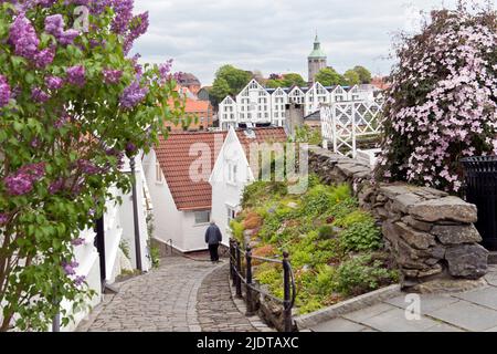 Häuser und enge Straßen in der Altstadt von Stavanger Norwegen, lokal bekannt als "Gamle Stavanger". Die 173 Gebäude stammen aus den Jahren 1700 und 1800 Stockfoto