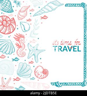 Banner-Vorlage im nautischen Stil. Handgezeichnete Muscheln, Fische, Seepferde und Seesterne im Sketch-Stil. Zeit zum Reisen. Handschriftliche Inschrift. Greeti Stock Vektor