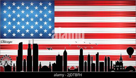 Skyline von Chicago mit Flagge der USA im Hintergrund - Illustration, glänzende Grunge-Flagge der USA Stock Vektor